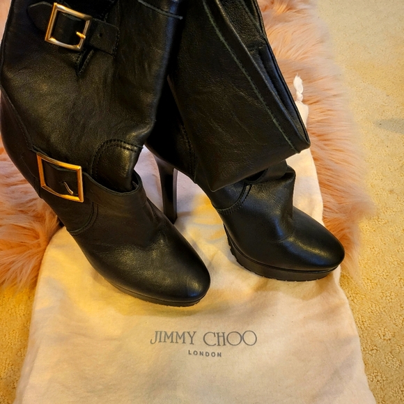 Jimmy Choo 5in Black Stiletto boots size 9 with Gold Buckles